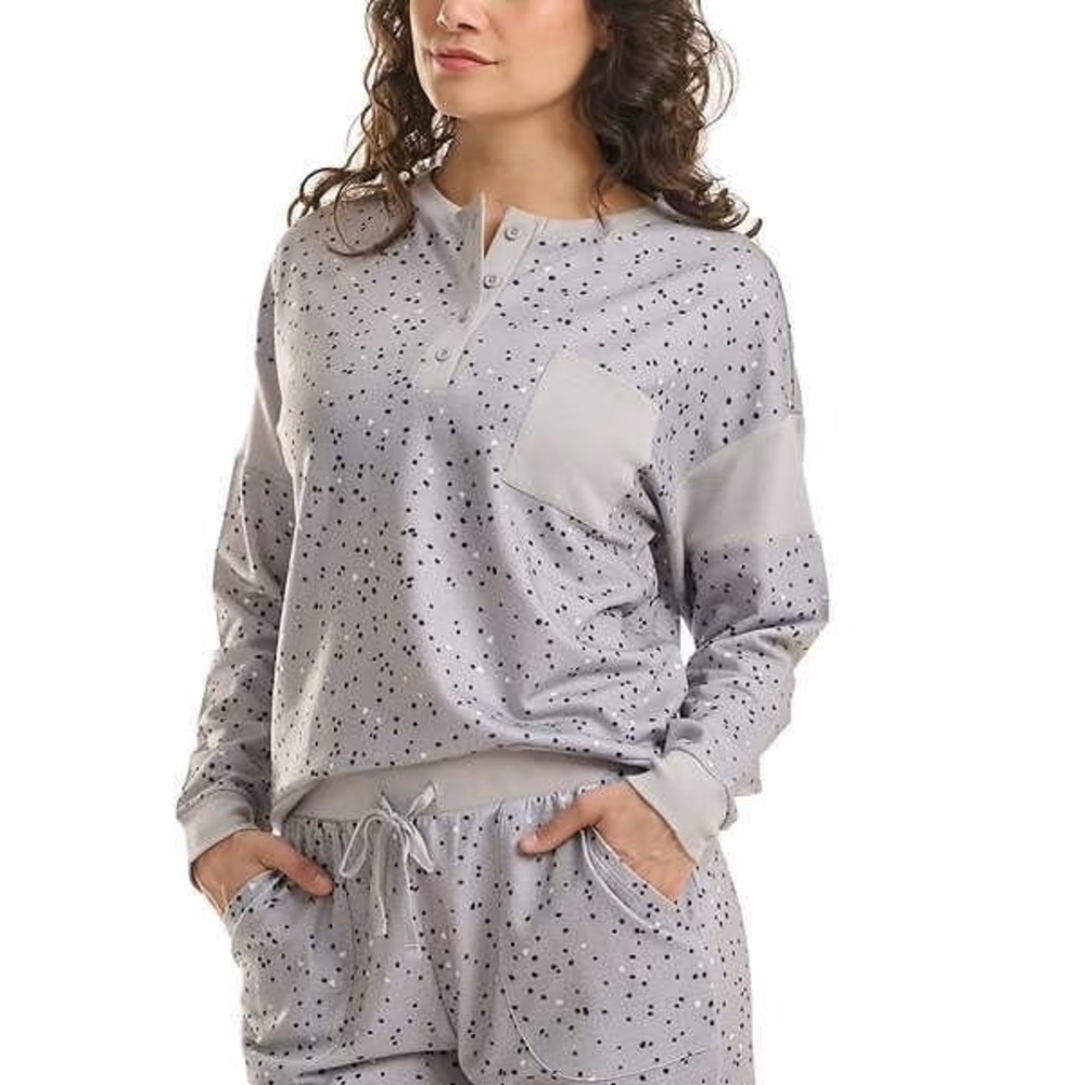 Splendid Henley Pullover Pajama‎ Sweatshirt TOP ONLY Dot Heart Print Grey XXL